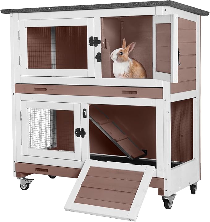 AIVITUVIN Wooden Rabbit Hutch Indoor Outdoor Rabbit Cage with Two Removable Trays Bunny Cage on Wheels Pet House Guinea Pig Cage 2 Story (Brown)-PurrikoPets