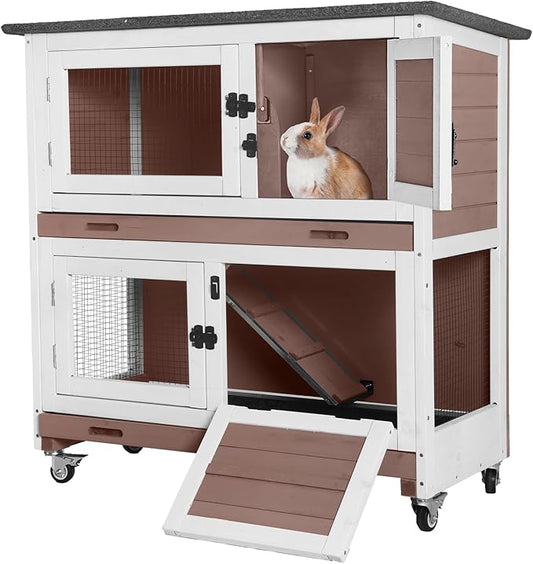 AIVITUVIN Wooden Rabbit Hutch Indoor Outdoor Rabbit Cage with Two Removable Trays Bunny Cage on Wheels Pet House Guinea Pig Cage 2 Story (Brown)-PurrikoPets