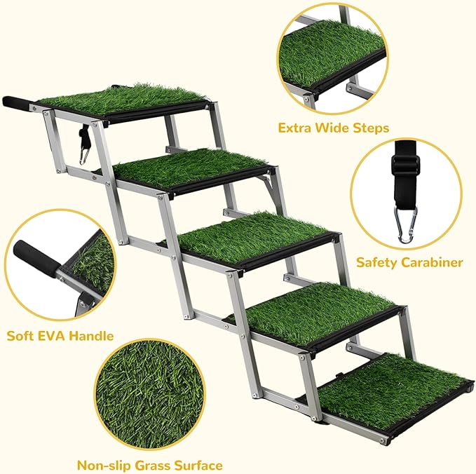 Extra Wide Dog Stairs for Car, Portable Folding Dog Steps for Large Dogs with Non-Slip Grass Rug for Cars, SUV, Trucks, Lightweight Pet Ramps Supports Up to 200 lb, 5 Steps-PurrikoPets