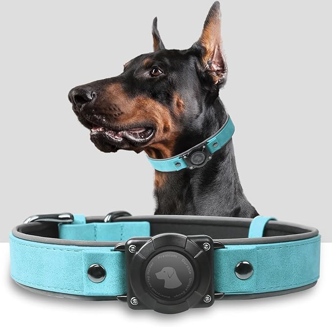 AirTag Dog Collar - Leather Dog Collar with Air Tag Holder | IPX8 Waterproof, Reflective, High - End, Adjustable Soft Padded | Dog GPS Tracker Collars Fit for Medium Large Dogs (Light Blue, L)-PurrikoPets