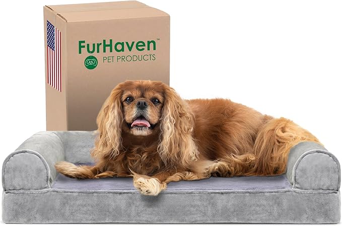 Furhaven Cooling Gel Dog Bed for Medium/Small Dogs w/ Removable Bolsters & Washable Cover, For Dogs Up to 35 lbs - Faux Fur & Velvet Sofa - Smoke Gray, Medium-PurrikoPets