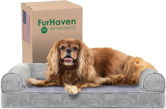 Furhaven Cooling Gel Dog Bed for Medium/Small Dogs w/ Removable Bolsters & Washable Cover, For Dogs Up to 35 lbs - Faux Fur & Velvet Sofa - Smoke Gray, Medium-PurrikoPets
