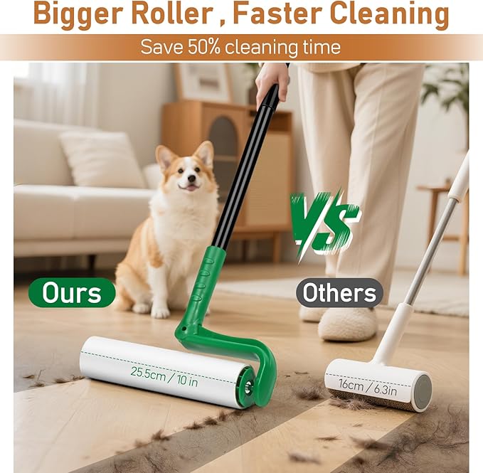 10" Large Lint Roller for Pet Hair Extra Sticky, Long Handle Floor Sticky Rollers with Big Lint Roller Refills for Cleaning Carpets, Cars, Furniture,Clothing, and Pet Hair,Green-PurrikoPets