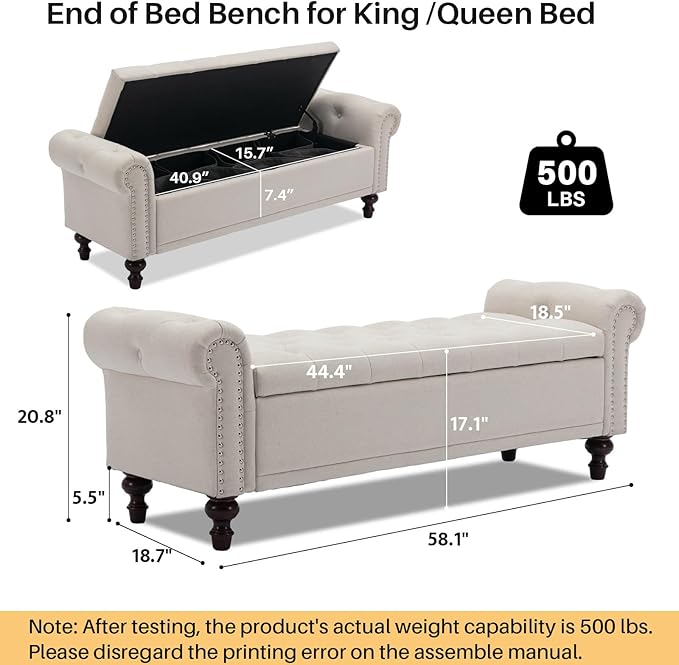 58.1'' Storage Bench Upholstered Linen End of Bedroom Bed Bench Ottoman with Tufted Cushioned Rolled Arm Large Storage Space for Reading Living Room Entryway, Beige-PurrikoPets