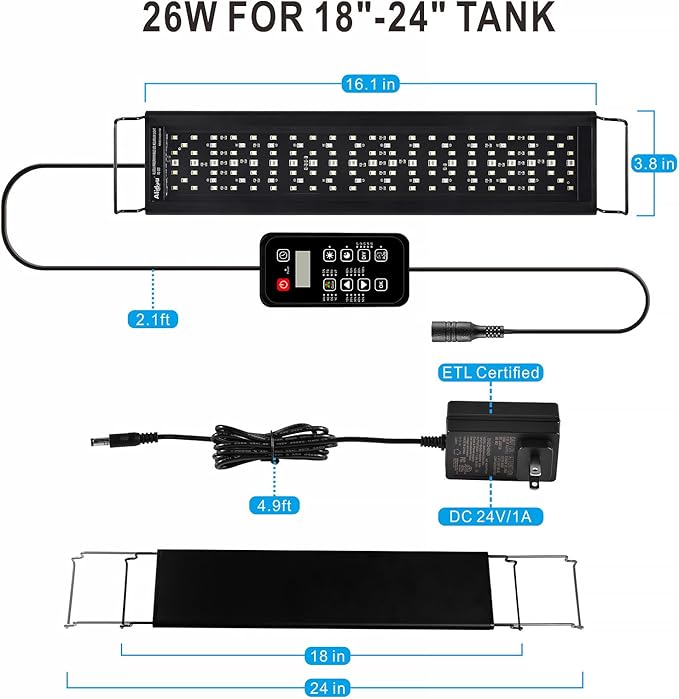 Advanced 7-Row LED Aquarium Light, Easy Setup Controller, Auto On Off Full Spectrum Fish Tank Light, 24/7 Lighting Cycle, 8 Colors, 10 Level Dimming, 26W for 18"-24" Freshwater Planted Tank-PurrikoPets