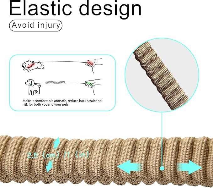 20” Strong Short Leash for Dog, Heavy Duty Bungee Dogs Leash with Padded Handle Car Seatbelt, Small Dog Training Leashs for Large or Medium Dogs - Can be Used with Other leashes (Khaki)-PurrikoPets