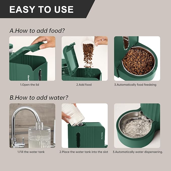 Gardner Pet Automatic Gravity Pet Feeder, 0.8 Gallons*2 Dog Feeder and Water Dispenser Set 100% BPA-Free, 2-in-1 Gravity Feeder with Stainless Steel Bowl for Dogs, Cats, Rabbits, Puppies (Green)-PurrikoPets