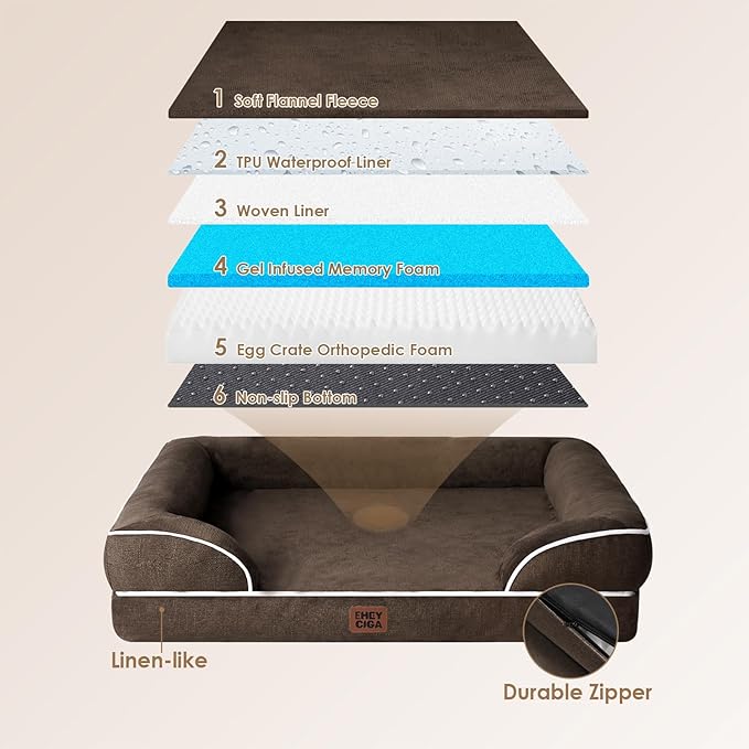 EHEYCIGA Orthopedic Dog Beds for Extra Large Dogs, Waterproof Memory Foam XXL Dog Bed with Sides, Non-Slip Bottom and Egg-Crate Foam Big Pet Couch Bed with Washable Removable Cover, Brown-PurrikoPets