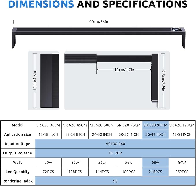 24/7 LED Aquarium Light for 36-42 Inch Fish Tank, Auto On Off with Timer, 9 Colors, Adjustable Brightness, Daylight Moonlight Mode, Full Spectrum Fish Tank Light for Plants, 68W-PurrikoPets