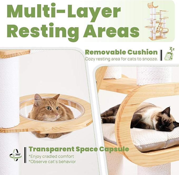 82.7'' Large Cat Tree, Modern Cat Tower with Scratching Post, Luxury Cat House, Wood Cat Tree for Indoor Cats Large Adult, Multi-Level Activity Center with Hammock, Clear Bowl, Semi-Closed Condo-PurrikoPets