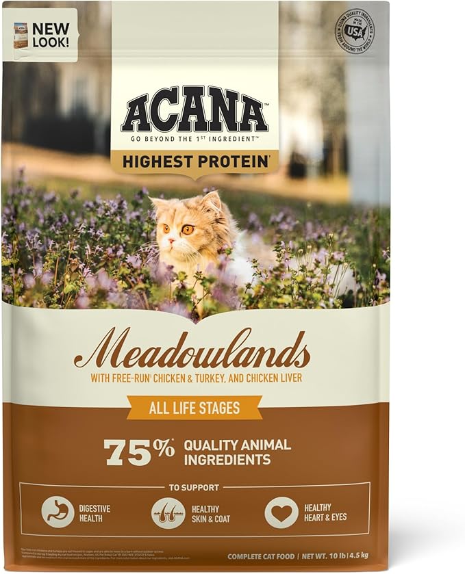 ACANA Grain-free Dry Cat Food Meadowlands Chicken Turkey Fish and Cage-Free Eggs 10lb Bag-PurrikoPets