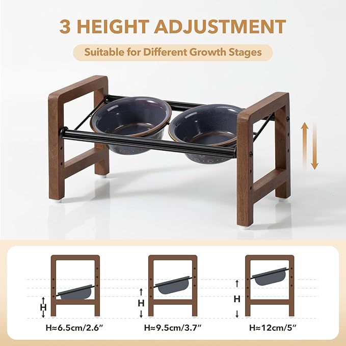 5.5inch Ceramic Adjustable Raised Double Bowls Set with Stand, 3 Heights Elevated, 2 Placement Options, Food and Water Dishes for Puppy, Cats（Double Bowls+Stand, Reactived Glaze -Grey-PurrikoPets