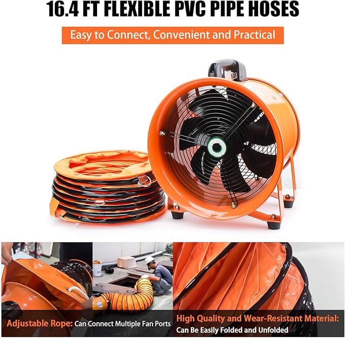 10-Inch High-Velocity Portable Utility Blower Fan, Industrial Exhaust Fan with 16.4ft Flexible Duct Hose, 3150 RPM Low-Noise Ventilator for Basements, Workshops, Warehouses, and Confined Spaces-PurrikoPets