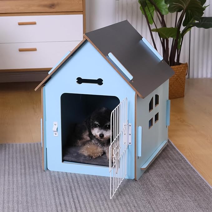 Dog House Indoor for Small Dogs or Cats, Cozy Wooden Design, Small Indoor Bed House, with Air Vents and Elevated Floor Warm Dog Cave (Large Blue)-PurrikoPets