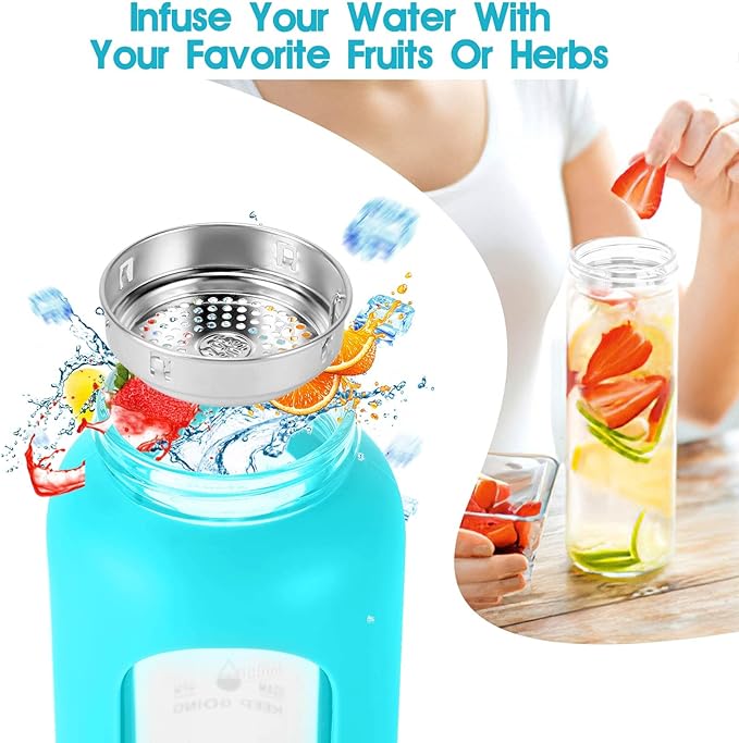 32 oz Glass Water Bottle with Straw - Motivational Time Marker & Silicone Sleeve - Reusable Tumbler Includes 2 Bamboo Lids & Fruit Infuser - 1 Pack-PurrikoPets