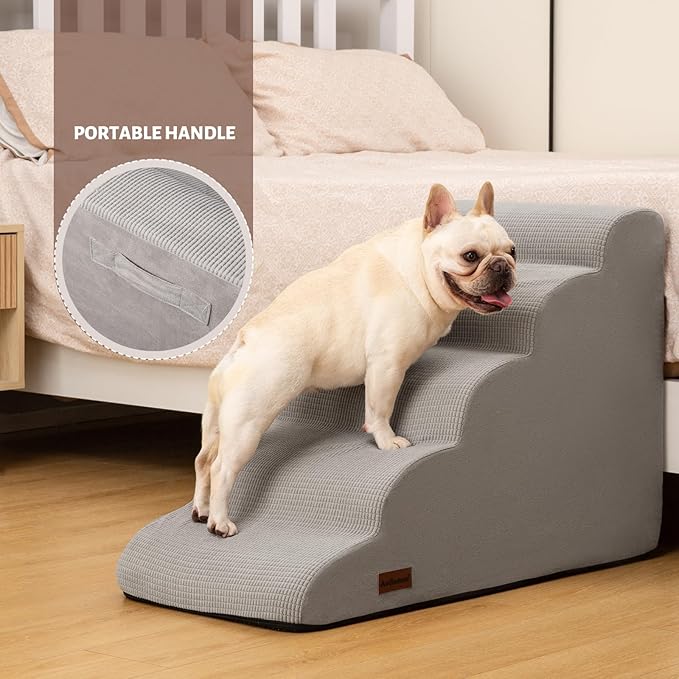 5-Step Dog Stairs and Ramp for High Bed, Non-Slip Sturdy Pet Steps for Small Dogs and Cats,22.2" H,Light Grey-PurrikoPets