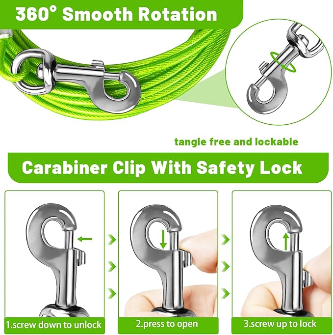 Dog Tie Out Cable 10/15/20/25/30 FT Runner for Yard Steel Wire Cable with Durable Superior Clips Green Chains for Outside Dog Lead for Large Up to 165 Lbs-PurrikoPets