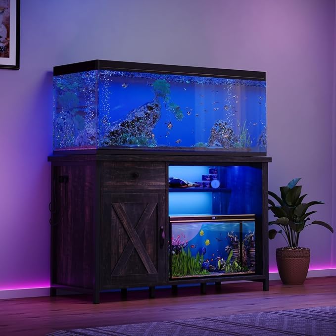 4ever2buy 55 Gallon Fish Tank Stand with LED Light & Power Outlets, 55-75 Gallon Aquarium Stand with Drawer & Barn Door, Cabinet for Fish Tank Accessories Storage for Reptile Tank, Turtle Tank, Oak-PurrikoPets