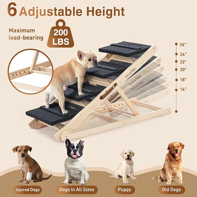 2025 Upgraded Dog Steps for Bed & Couch - 2-in-1 Dog Stairs/Ramp for Small to Large Breeds - 45.3" Long Adjustable 14"-26" Up to 200LBS - Folding Portable Wooden Pet Stairs for high Bed Couch Car-PurrikoPets