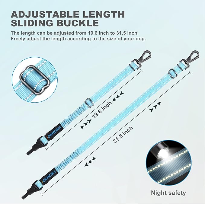 Dog Seat Belt 3-in-1 Car Harness for Dogs Adjustable Safety Seatbelt for Car Nylon Reflective Bungee Fabric Dog Car Harness with Clip Hook Latch & Buckle, Swivel Zinc Alloy Carabiner (Light Blue)-PurrikoPets