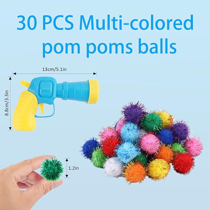 Dorhui Cat Toy Gun Launcher - 30 Pcs Sparkle Pom Pom Balls and Ball Launcher, Fetch Toy Gun Shooter, Interactive Glitter Balls for Indoor Cats and Kitty Gifts-PurrikoPets