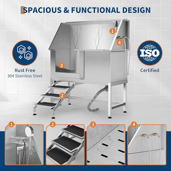 50" Stainless Steel Professional Dog Washing Station - Pet Bathing Tub w/Non-Slip Stairs | Slip-Resistant Floor Grate | for Large/Medium/Small Dogs-PurrikoPets