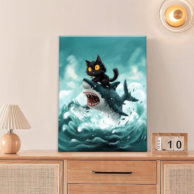 Funny Black Cat Bathroom Wall Art Cute Cat Riding Shark Canvas Wall Decor Animal Kitten Pictures Painting Print Artwork Framed Decorations Gifts for Cat Lover Kids Room Bedroom 24"x20"-PurrikoPets
