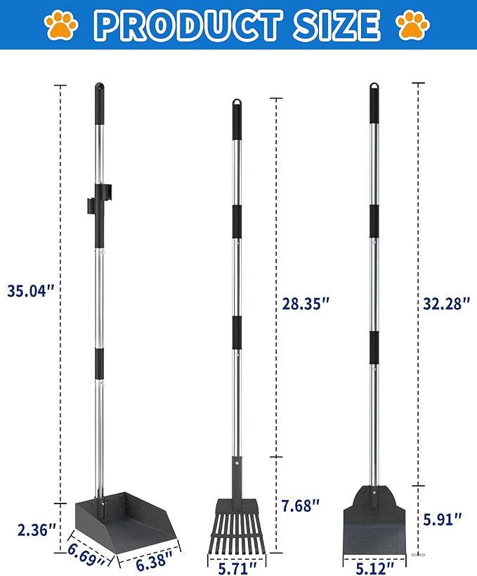 Dog Pooper Scooper Set, Stainless Metal Tray Rake Spade 3 Pack, Long Handle Pet Waste Scooper for Large Medium Small Dogs, Heavy Duty Poop Scooper for Yard, Grass, Dirt or Gravel-PurrikoPets