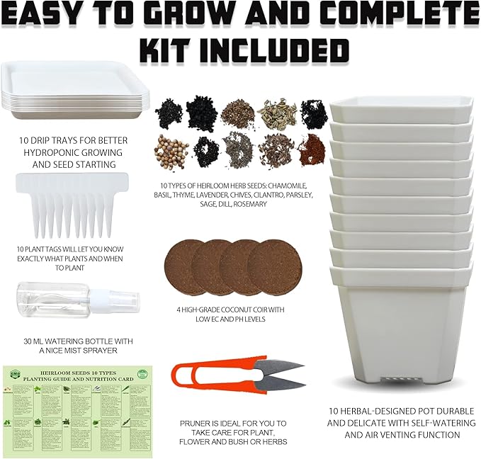 10 Herb Seeds Garden Starter Grow Kit with White Pots, Markers, Nutritional Soil, Watering, Herb Clipper, Complete Indoor Potted Plant Growing Set for Kitchen DIY-PurrikoPets