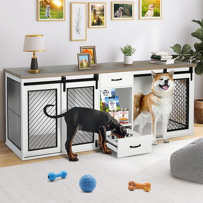 Extra Large Dog Crate Furniture, 85" Sliding Door Double Kennel for 2 Large Dogs Divided, Heavy Duty Wooden Dog Crate Kennel Furniture with 4 Dog Bowls and Drawer Indoor, White-PurrikoPets