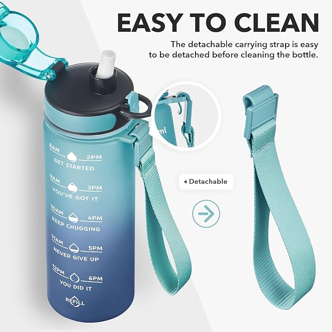 Enerbone Water Bottle, Leakproof BPA & Toxic Free, Motivational Water Bottle with Times to Drink and Straw, Fitness Sports Water Bottle with Strap for Office, Gym, Outdoor Sports-PurrikoPets