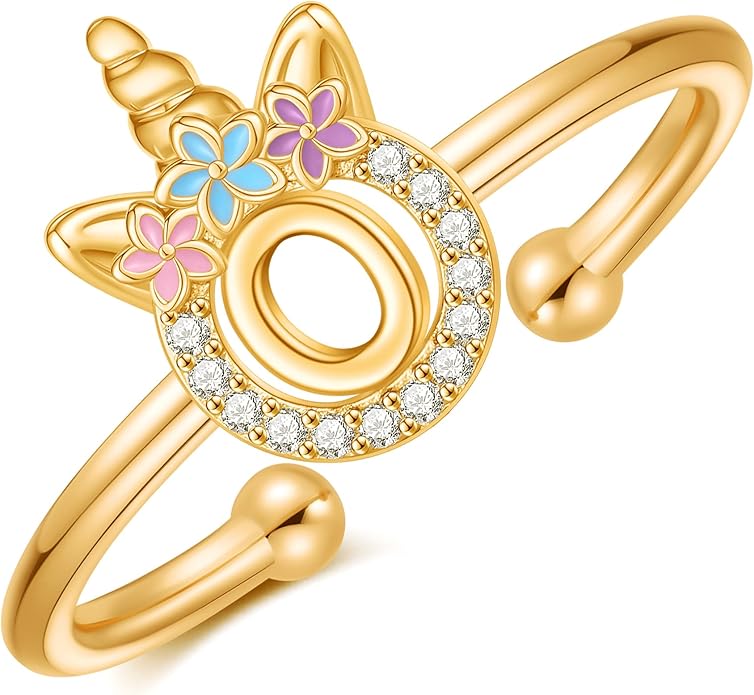 Unicorn Rings Gifts for Girls - Adjustable Initial Ring Dainty Cute Unicorn Rings for Girl Teens Little Girls Jewelry Birthday Gift