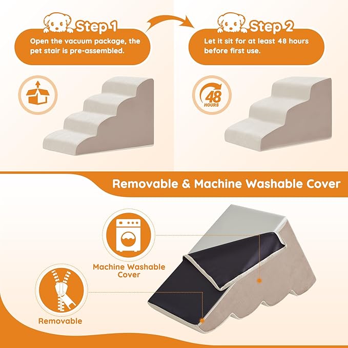 Dogs Steps for Bed, Dog Stairs for Small Dogs, 2-Step Dog Ramp for Bed, Couch, Sofa, and Chairs, Non-Slip Bottom Design, Cat Scratching, High Density Foam Portable Pet Step, Indoor, Beige-PurrikoPets