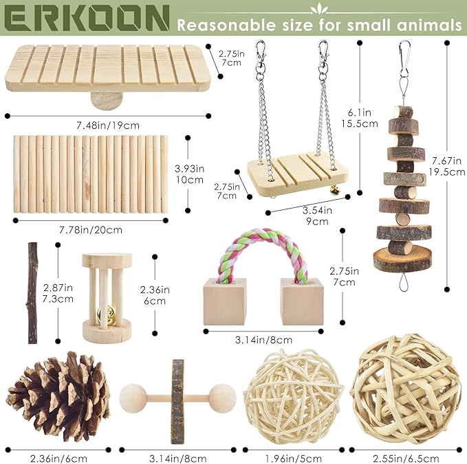 ERKOON New 12 Pack Hamster Chew Toys Gerbil Rat Guinea Pig Chinchilla Chew Toys Accessories, Natural Wooden Dumbbells Exercise Bell Roller Teeth Care Molar Toy for Rabbits Bird Rabbits Hamster Gerbil-PurrikoPets