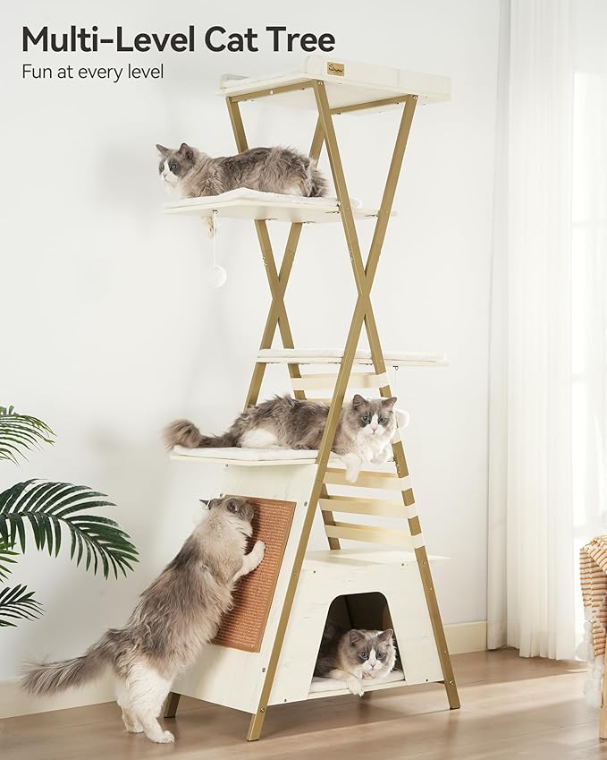 FourFurPets 72.4" Cat Tree, Modern Cat Tower for Indoor Cats, Multi-Level Cat Condo with Caves, Tall Cat Tree with Cat Scratching Board, Wooden Cat Tower with Large Perch, Removable Pads, White-PurrikoPets