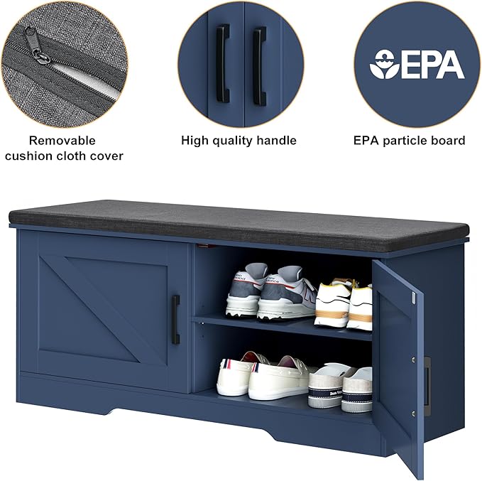 2-Tier Storage Bench, Shoe Bench with Padded Seat Cushion, Entryway Bench with 2 Barn Doors, Adjustable Shelf, 13.8" D x 39.4" W x 17.7" H, for Entryway, Living Room, Bedroom, Blue-PurrikoPets