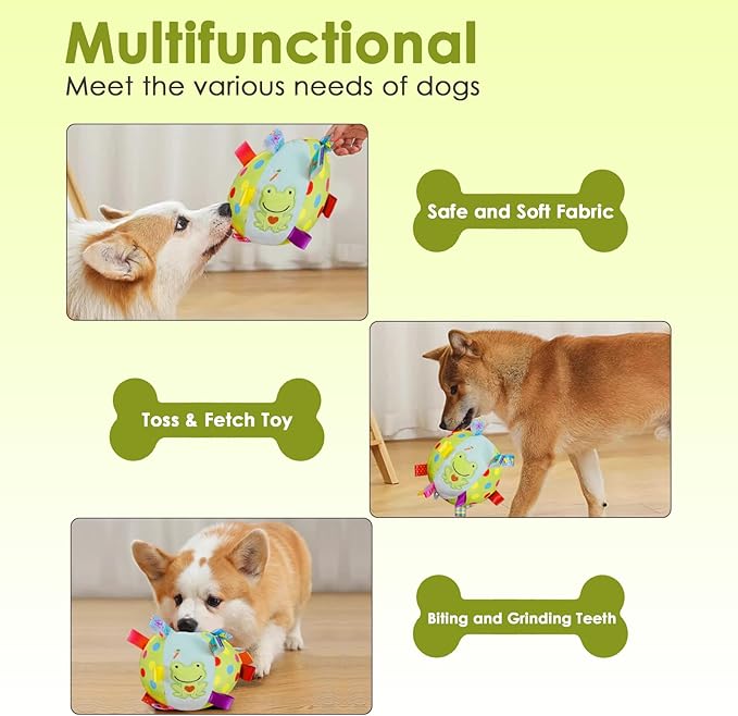 Dog Squeaky Plush Toy with Straps, 6-Inch Soft Stuffed Ball with Cotton Material and Bell Built-in, Pet Interactive Fetch Toy for Small to Large Dog-PurrikoPets