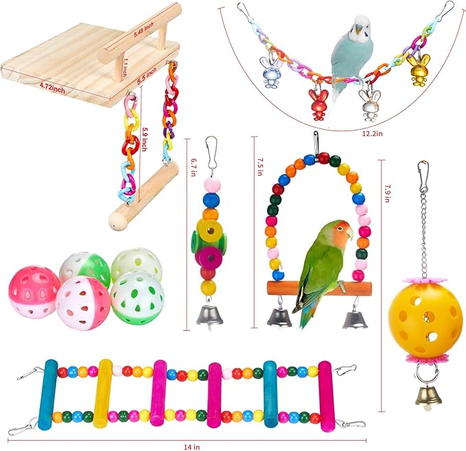 11Pcs Bird Parakeet Toys Wooden Bird Platform Stands Swing Hanging Chewing Toy Parrot Climbing Ladder Colorful Bird Cage Toys for Parakeet, Conure, Cockatiel, Love Birds, Finches-PurrikoPets