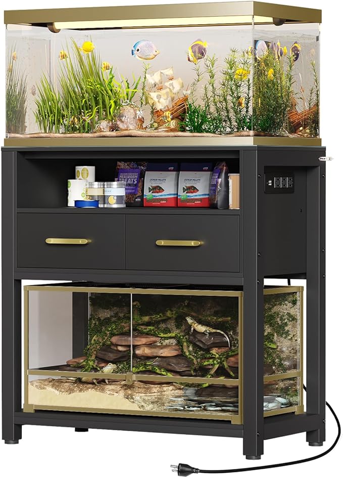 20-29 Gallon Aquarium Stand with Power Outlet & 2 Storage Drawers, Heavy Duty Metal Frame Fish Tank Stand with Waterproof Mat, 30.7" L*15.7" W Tabletop, 550LBS Capacity, Black-PurrikoPets