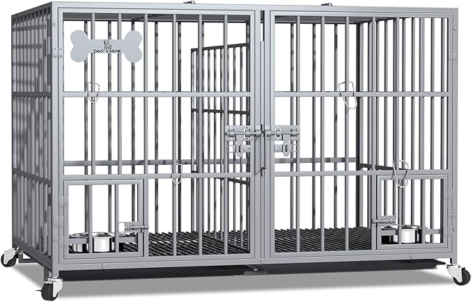 aboxoo 42/48 inch Heavy Duty Metal Dog Crate for 2 Dogs/Large Dog,All Metal Open Top,Dog Kennel Indoor with Wheels,Floor Grid, Tray, Divider and Feeding Bowl (Sliver)-PurrikoPets