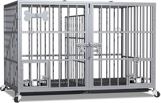 aboxoo 42/48 inch Heavy Duty Metal Dog Crate for 2 Dogs/Large Dog,All Metal Open Top,Dog Kennel Indoor with Wheels,Floor Grid, Tray, Divider and Feeding Bowl (Sliver)-PurrikoPets