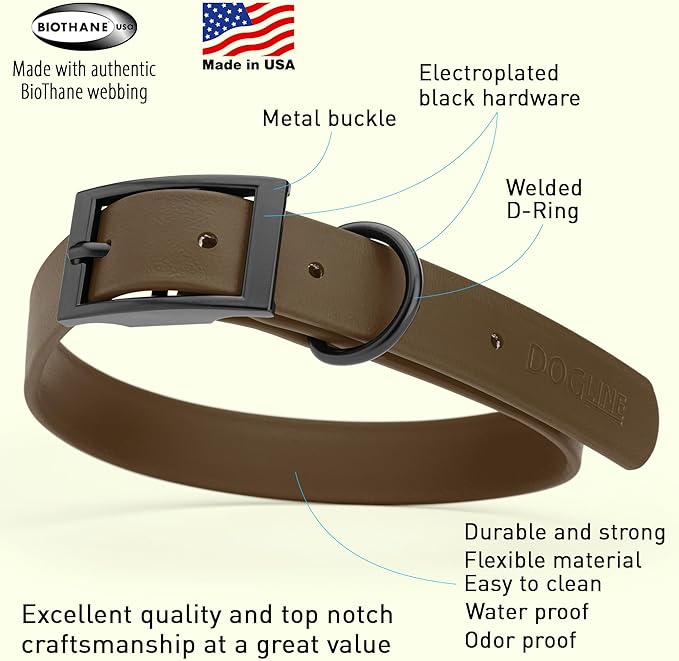 Dogline Biothane Waterproof Dog Collar Strong Coated Nylon Webbing with Black Hardware Odor- Proof for Easy Care Easy to Clean High Performance Fits Small Medium or Large Dogs, Dark Chocolate Brown-PurrikoPets