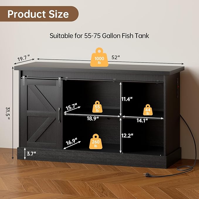 55-75 Gallon Fish Tank Stand with Sliding Barn Doors & Power Outlet, Heavy Duty Aquarium Stand with Cabinet Storage for Fish Tank, Turtle Tank, Reptile Terrarium, 1000LBS Capacity, Black-PurrikoPets