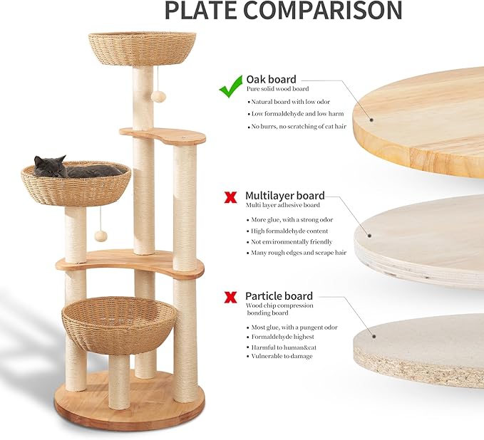 54" Modern Cat Tree Tower for Indoor Cats, Oak Cat Scratching Tree for Multiple Large Cats, Manual Hand Woven Luxury Cat Condo, Unique High-end Design Cat Furniture Activity Centre, Easy Clean-PurrikoPets