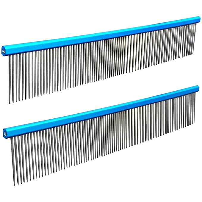 2 Pack Dog Combs with Stainless Steel Teeth Applicable to Cat Dog Comb Removing Tangles Easily Remove Dirt Grooming Anti-Slip Comfort Grip Handle （blue）-PurrikoPets