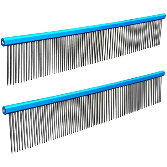 2 Pack Dog Combs with Stainless Steel Teeth Applicable to Cat Dog Comb Removing Tangles Easily Remove Dirt Grooming Anti-Slip Comfort Grip Handle （blue）-PurrikoPets