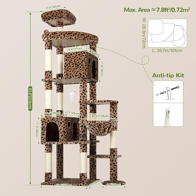 Globlazer Giant Cat Tree, 83 inch Cat Tree for Indoor Cats Large Adult, XXL Cat Tower with 9 Scratching Posts for 20lb+ Heavy Duty Large Adult Cats, F83, Leopard Print-PurrikoPets