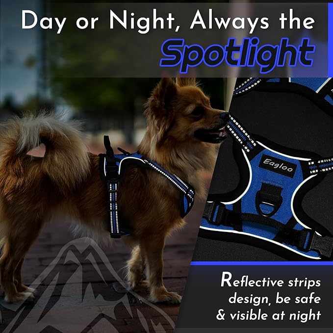Eagloo Small Dog Harness No Pull, Service Vest with Reflective Strips and Control Handle, Adjustable and Comfortable for Easy Walking, No Choke Pet Harness with 2 Metal Rings, Blue, XS-PurrikoPets