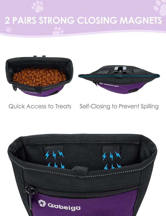 Gobeigo Dog Treat Pouch and Training Clicker, Upgrade Two Magnetic Closure to Prevent Spills, 2 Cup Treat Bag with Poop Bag Dispenser, Metal Clip Waist Belt Fanny Pack for Pet Walk (Black/Purple)-PurrikoPets