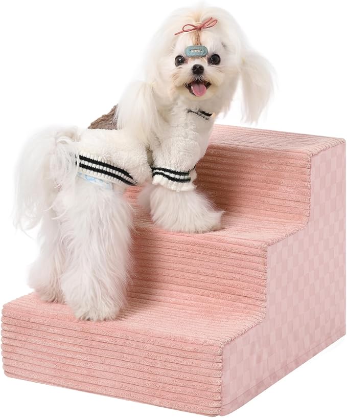Dog Stairs for Small Dogs,13" H,3-Step Dog Steps Ramp for Bed and Couch with High Density Foam,Non-Slip Pet Steps for Doggy and Cat,Pet Stairs with a Washable Cover,Pink-PurrikoPets
